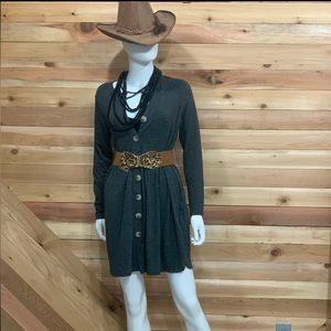 Zenana Button Down Long Sleeve Tunic Dress Side Pockets Charcoal Gray Large 💗